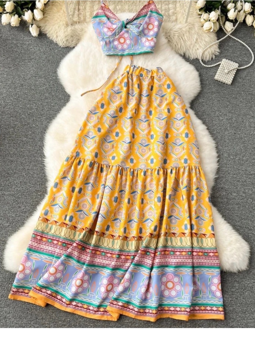 Boho Floral Print Two Piece Maxi Dress Set